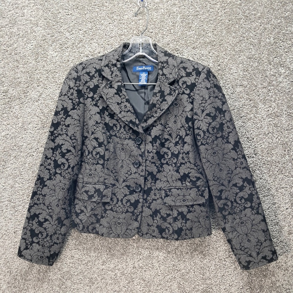 Evan-Picone Petite‎ Womens 4P Damask Floral Blazer Jacket Black Grey Jacquard